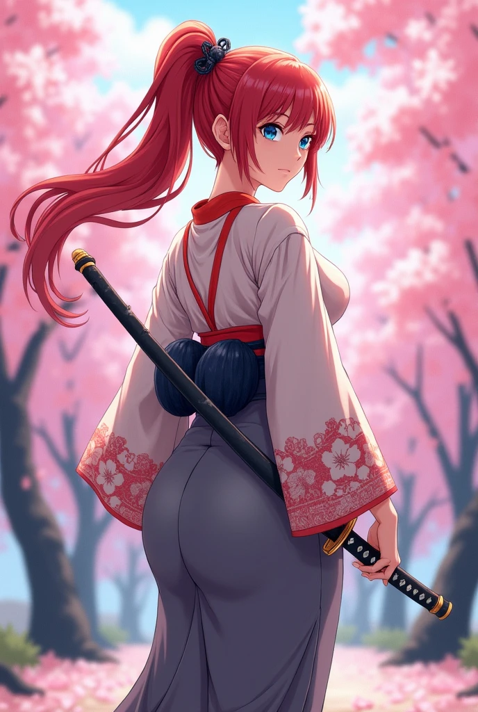 Anime, Japanese woman in a kimono, with blue eyes, red hair, long hair in a ponytail, grey hakama, scarlet clothing, a Japanese sword on her left hip, large breasts, and a large backside, with a slight emphasis on her breasts and backside.