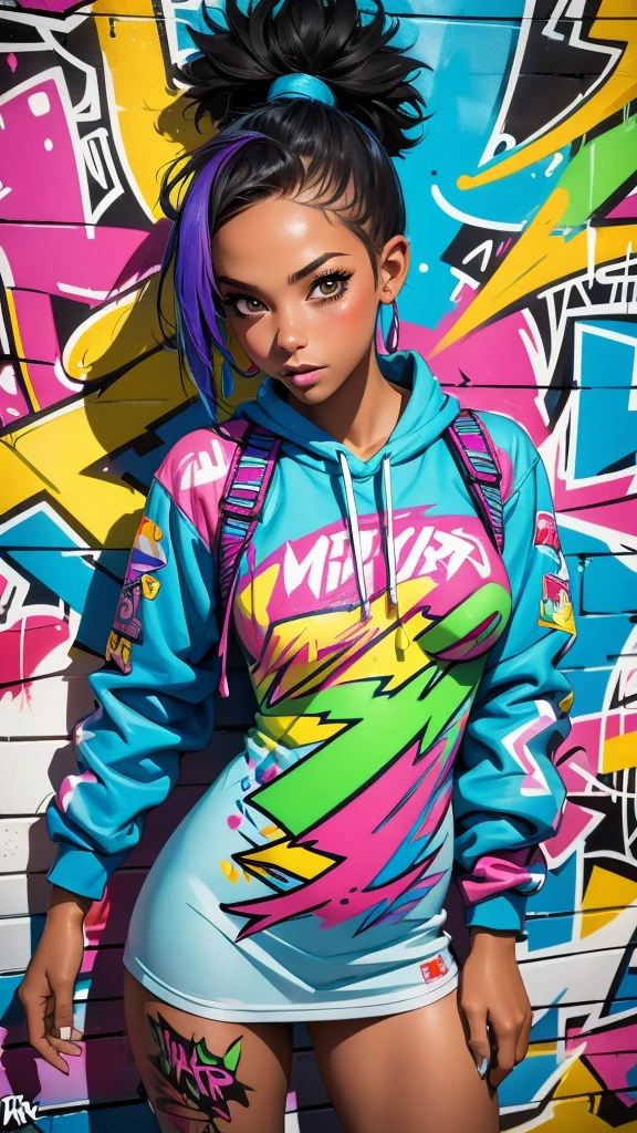 (best quality), (high detail), (vivid colors), (graffiti style), (freestyle), (Close up), (1girl), young sexy female graffiti artist, spraying graffiti on a wall painted with street art, HDR, 8K, 3D, graffiti art style.