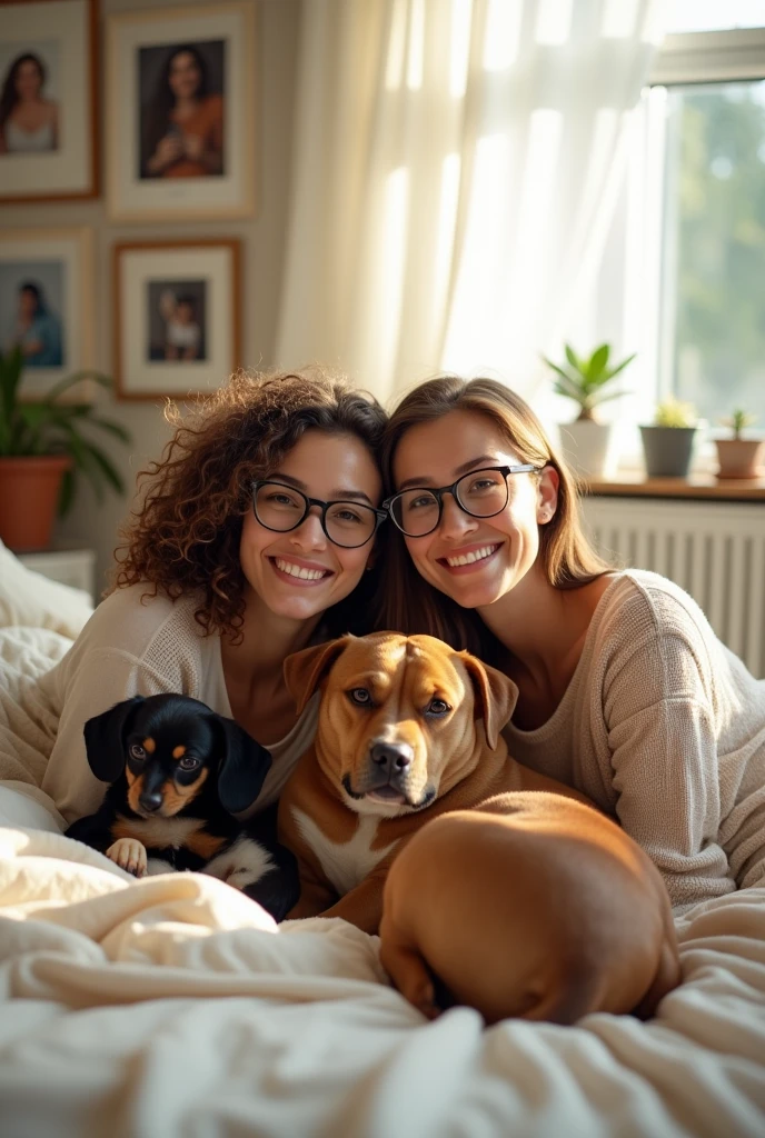 Create an illustration of two wives lying in bed, one has curly hair and wears glasses and the other has straight hair., And they are with their two dogs, a caramel-colored Pitbull and the other is a black-haired Pinscher