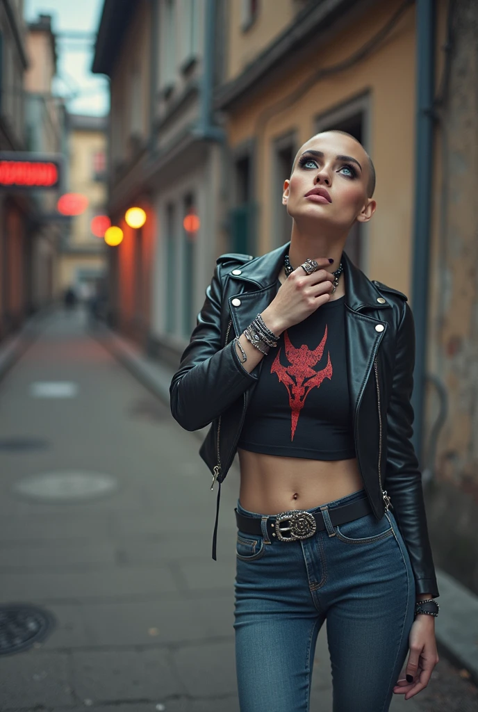 russian milf woman, biker gang member, shaved head, with very light blue eyes, extremely pale, heavy eye shadows. Thin. Sad face, smeared excessive make up and lipstick Wearing black moto jacket, cropped t-shirt with devil logo, skinny blue jeans and white tennis sneakers . Lots of metallic bracelets. Tacky leather belt with oversized, excessive silver buckle. One hand in her neck, the other in one pocket. Wide loop earrings. Looks up like talking to God, mouth and eyes open. Bites her lip