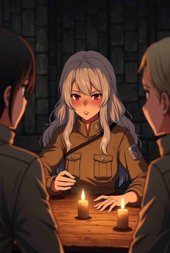 Attack on titan of a caracter in MAPPA Studio screen cap style. she has wafy white hair and red eyes. Sitting at the tabel in a cabin surrounded by peopel and looks tired. She wear scound legion uniform.