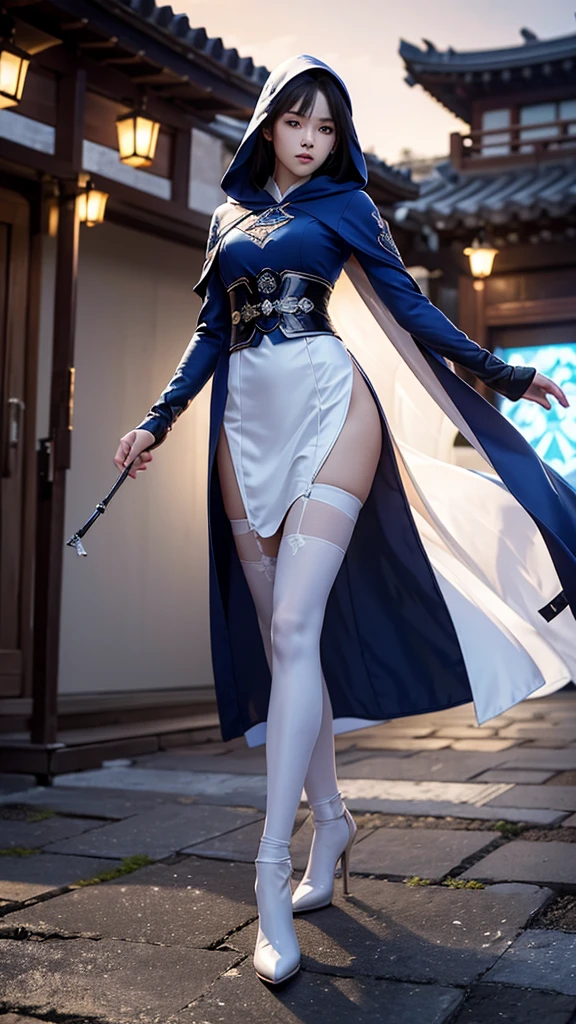 South korea assassin women mystery hooded on with modern royal Blue coat with long and wide sleeves with buttons and royal Blue cape and very high white heel over the knee and white gloves, As she reveals a small secret hidden blade coming from his palm , adding to the character's mysterious and agile appearance, with small movements of air on the cape, jump from roof to roof, in summer at night under the rain,medieval south korea house. sophisticated and highly detailed, ultra hd, realistic, hyper detailed, enhanced colours, ultra sharp focus, with vibrant, rich in details High quality, gorgeous, captivating, 8k, super detailed, stunning shadows, detailed lines, blood stain on coat and gloves, corpses in the street recently murdered