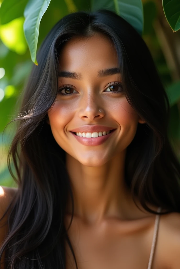 A Brazilian girl The girl in the images has a delicate and graceful appearance. She has fair to medium skin with a smooth, fair skin tone that adds to her overall elegance. Her face is heart-shaped, with soft, rounded features that give her a youthful and approachable appearance. Her hair is long, dark, and straight, reaching down past her shoulders. The deep black color contrasts beautifully with your skin tone. In both images, her hair is down, framing her face naturally, with a slight center parting that adds simplicity to her style. His eyes are large and almond-shaped, with dark, expressive and well-defined eyebrows. Her gaze is gentle but thoughtful, giving her a contemplative expression in the first image, while in the second image, she is smiling, showing a warm and friendly demeanor. Her eyelashes are long, accentuating her eyes. She has a small, straight nose and well proportioned face. Her lips are full and naturally pink, with a subtle smile visible in the second image. The shape of your lips adds softness and overall femininity.