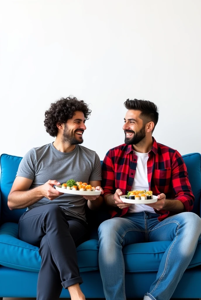 Make me a blue sofa with a white background, 2 men eating something.