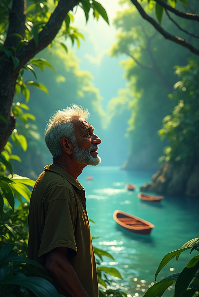 Man waiting if his son arrives at the bank of the Magdalena River, in a jungle setting and the sad, animated image and boats can be seen, an older man, exhausted and crying a lot, looking towards the river and waiting for his son