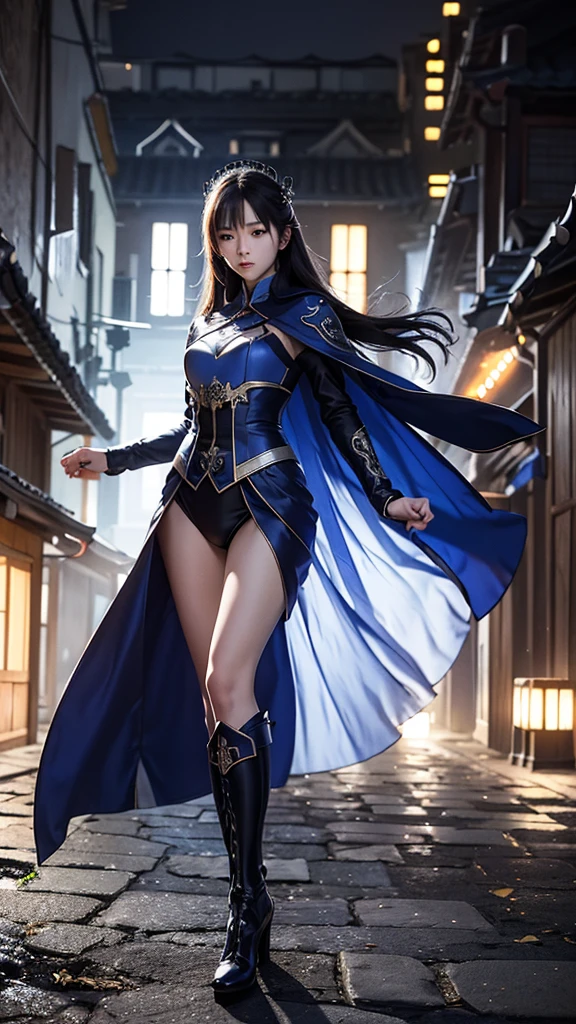 South korea assassin women mystery hooded on with modern royal Blue coat with long and wide sleeves with buttons and royal Blue cape and very high white heel over the knee and white gloves, As she reveals a small secret hidden blade coming from his palm , adding to the character's mysterious and agile appearance, with small movements of air on the cape, jump from roof to roof, in summer at night under the rain,medieval south korea house. sophisticated and highly detailed, ultra hd, realistic, hyper detailed, enhanced colours, ultra sharp focus, with vibrant, rich in details High quality, gorgeous, captivating, 8k, super detailed, stunning shadows, detailed lines, blood stain on coat and gloves, corpses in the street recently murdered