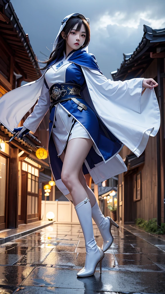 South korea assassin women mystery hooded on with modern royal Blue coat with long and wide sleeves with buttons and royal Blue cape and very high white heel over the knee and white gloves, As she reveals a small secret hidden blade coming from his palm , adding to the character's mysterious and agile appearance, with small movements of air on the cape, jump from roof to roof, in summer at night under the rain,medieval south korea house. sophisticated and highly detailed, ultra hd, realistic, hyper detailed, enhanced colours, ultra sharp focus, with vibrant, rich in details High quality, gorgeous, captivating, 8k, super detailed, stunning shadows, detailed lines, blood stain on coat and gloves, corpses in the street recently murdered