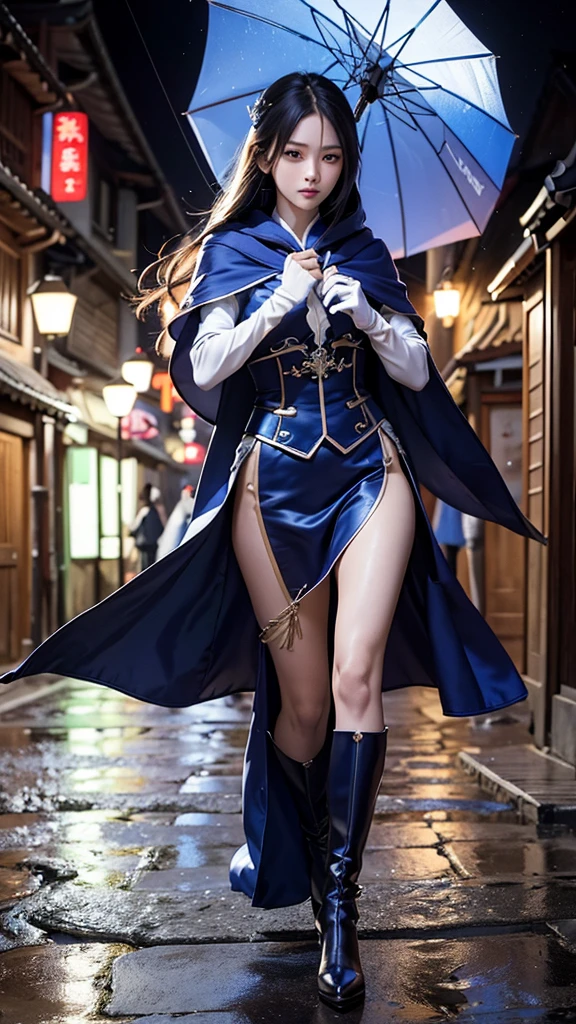 South korea assassin women mystery hooded on with modern royal Blue coat with long and wide sleeves with buttons and royal Blue cape and very high white heel over the knee and white gloves, As she reveals a small secret hidden blade coming from his palm , adding to the character's mysterious and agile appearance, with small movements of air on the cape, jump from roof to roof, in summer at night under the rain,medieval south korea house. sophisticated and highly detailed, ultra hd, realistic, hyper detailed, enhanced colours, ultra sharp focus, with vibrant, rich in details High quality, gorgeous, captivating, 8k, super detailed, stunning shadows, detailed lines, blood stain on coat and gloves, corpses in the street recently murdered