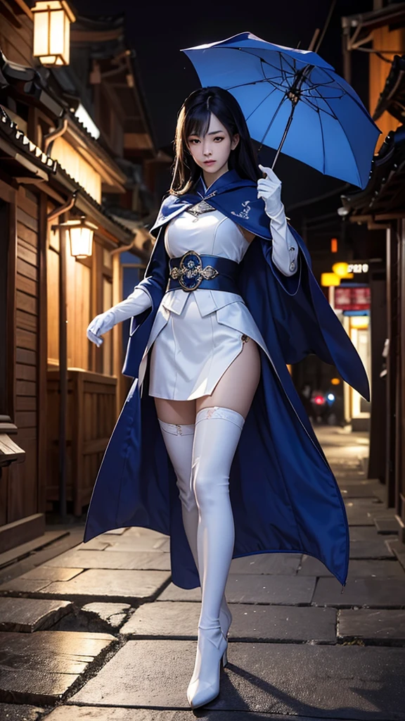 South korea assassin women mystery hooded on with modern royal Blue coat with long and wide sleeves with buttons and royal Blue cape and very high white heel over the knee and white gloves, As she reveals a small secret hidden blade coming from his palm , adding to the character's mysterious and agile appearance, with small movements of air on the cape, jump from roof to roof, in summer at night under the rain,medieval south korea house. sophisticated and highly detailed, ultra hd, realistic, hyper detailed, enhanced colours, ultra sharp focus, with vibrant, rich in details High quality, gorgeous, captivating, 8k, super detailed, stunning shadows, detailed lines, blood stain on coat and gloves, corpses in the street recently murdered