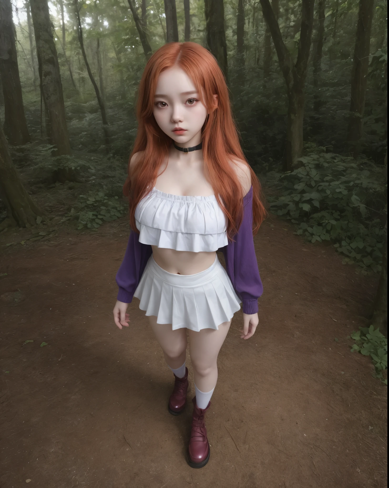 young girl, kim chaewon as a sexy young girl, full body view, fullbody, full body, kim chaewon is a girl, 1girl, forest background, kim chaewon, girl, small breast, figure, long red hair, red eyes, face front, tight purple fantasy pirate top, tight fantasy pirate clothes, emotional face, make up, masterpiece, best quality,