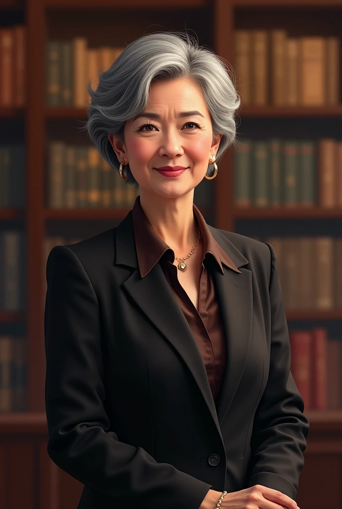 60 year old woman, His hair is very short and gray, Her eyes are almond-shaped, Her skin is white, Her expression is serious and kind, his elegant and executive clothing is in shades of black and brown, digital illustration of book characters