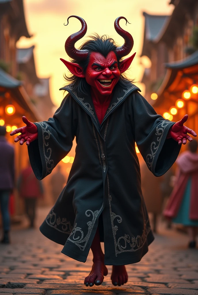 A red-skinned devil, with black hair and horns, wearing black wizard robes, playing tricks on people and laughing at them, but it's not scary