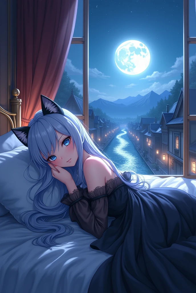 Very detailed, Highest quality, Soft Skin, beautiful, 4K, Anime art style, Fantasy World, One person, Blue Eyes, bluish white hair, Black cat ears, A translucent black separate dress, Wavy Long Hair, mature, A gentle smile, Lie down on the bed, Medieval streetscape, Moonlit Night, Distant view of mountains and rivers