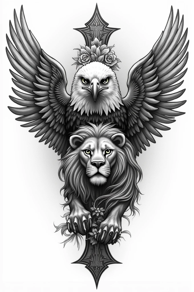 Create a tattoo image with the head of an eagle, the angel Gabriel, the sacred cross and a lion 