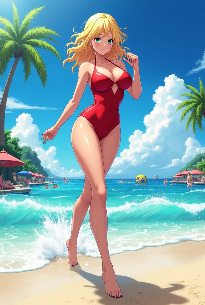 Tatsumaki on the beach in a swimsuit with big thighs