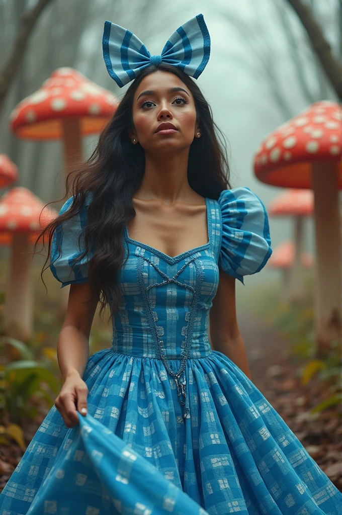 Britenay is 18 and dressed as Alice in Wonderland on a drug binge,work of art, realisitic, best qualityer, fotorrealisitic, 4K, 8k, high resolution, ultra detaild, dress blue, vestido plaid, plaid, checkered