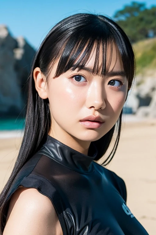 masterpiece, Highest quality, Unreal Engine, Super Resolution, Very detailed, Complex, colorful, Clear images, Sharp focus, Digital Blending,
One beautiful woman, One Japan actress, ashidamana, Perfect Eyes, Perfect Face, Ultra detailed hair, Ultra detailed face, Very detailed lips,Vivid expression, Healthy Body, Detailed sweat glands of beautiful and cute real Asian mix, Smooth skin texture, Carefully drawn,
(humidity:1.2), Beautiful Eyes, (Attractive face:1.2), (Beautiful Skin), (Big Breasts), (Super glossy wetsuit), Puffy nipples, Tight waist, Sticky with sweat, (Oily skin), oily suit, In a dynamic pose,
Studio Photo, Outdoor, At the Beach, cowboy shot,