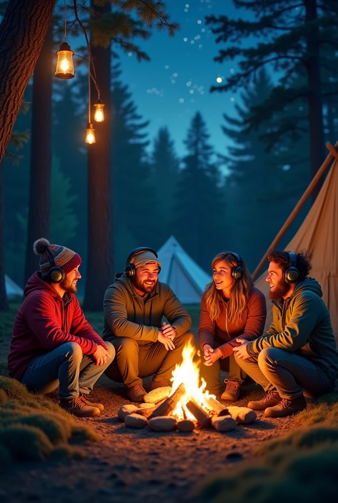 Four scouts including the founder of the movement, podcasting in a rustic camping setting using microphone and headphones 

