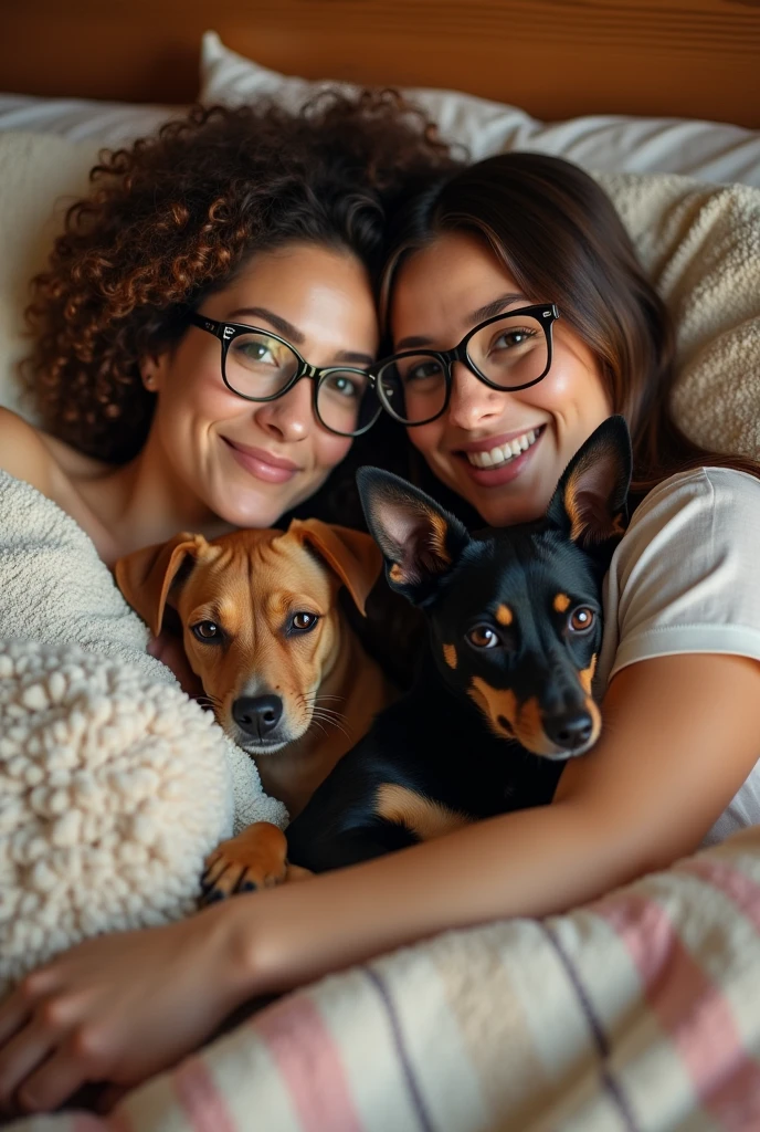 Create an animated illustration of two wives lying in bed, one has curly hair and wears glasses and the other does not wear glasses and has straight hair., And they are with their two dogs, a caramel-colored Pitbull and the other is a black-haired Pinscher