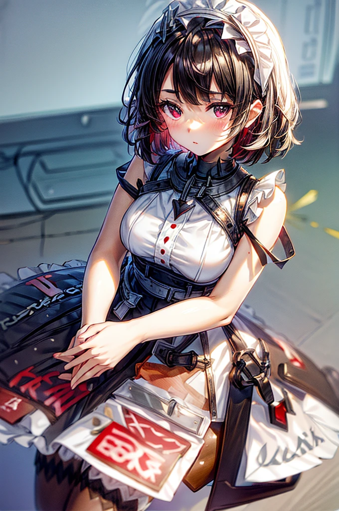((best quality)) ((best quality)), ((masterpiece)), (detailed), 4k image, anime style, beautiful young girl, teenage girl, tanned white skin skin, symmetrical face, beautiful young girl, tanned white skin, waist-length red hair(white highlights), soft facial features, peach colored eyes, off shoulder blouse, Pleated A-line skirt, cherry red plump lips, large EE-cup breasts, short height(150cm). wide hips and large round ass, thick yet slender body