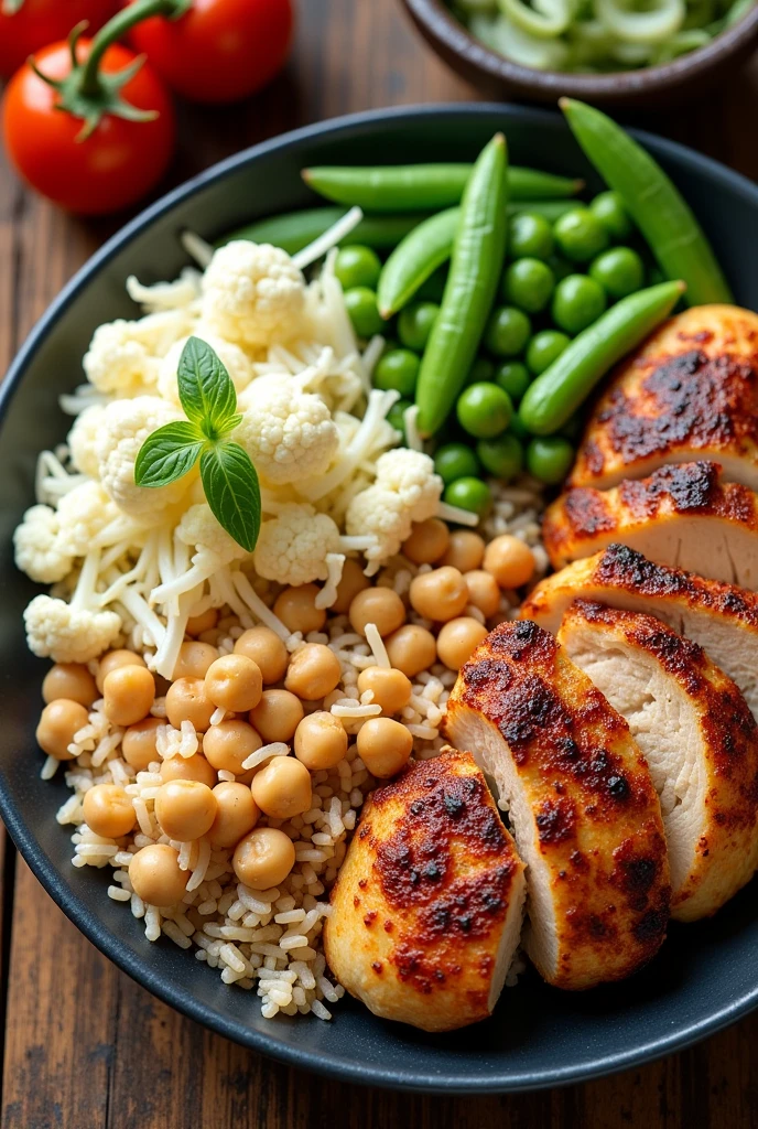 A healthy meal with a small portion of brown rice next to a small portion of chickpeas, with coleslaw with cauliflower and peas and chicken breast, The photo needs to be from an overhead angle
