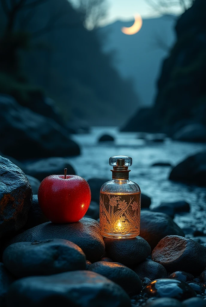 rocks with apple with a river, and a perfume
in a dark environment