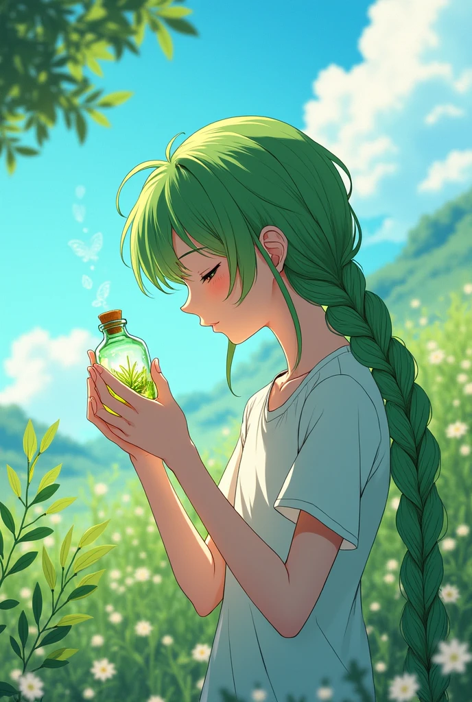 un rosemary extract y un chico de 17 años de anime con cabello largo,braided green with emerald eyes, smelling the aroma of the extract, and with a large title: (rosemary extract)