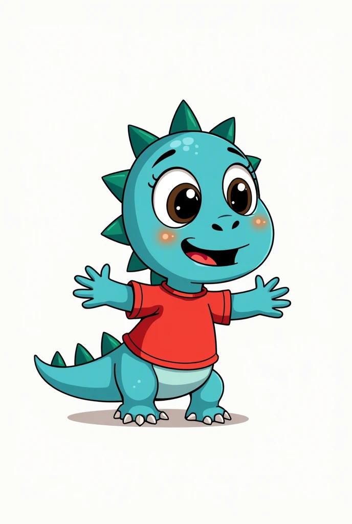 An illustration for children of a dinosaur., With the appearance of a , Lots of sadness crying, with tears in the eyes, Hands lowered, Shoulders in a sign of sadness, no eyelashes, with red shirt, without pants, blue skin, Green dinosaur crests on the head and tail., Cute cartoon smile,  Whole body, With an appearance of tenderness, White background

