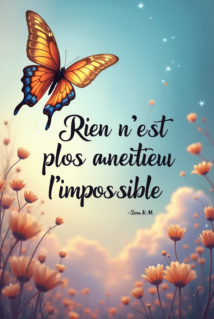 Fais moi une image papillon a côté on a écrit Rien n'est plus imminent que l'impossible. Signé Sera K.M
