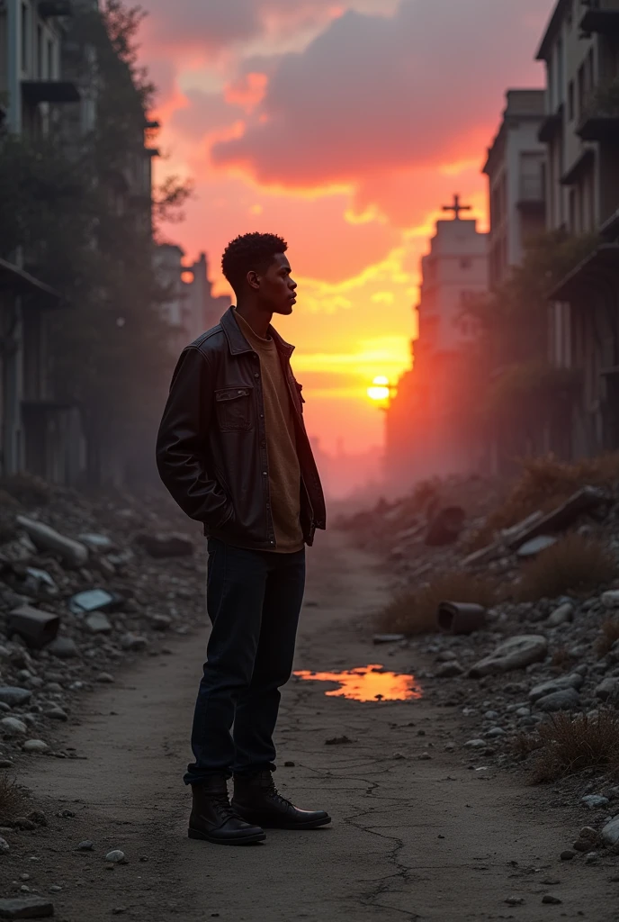 A young black man, wearing a jacket, observes a ruined and post-apocalyptic city from the street as he watches the sunset