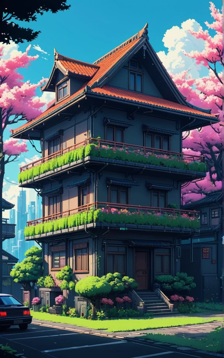 beautiful showy house tecno, pixel art. cyberpunk style, beautiful anime, showy, flores, nostalgic, lush, pixel art, minimalist drawing style