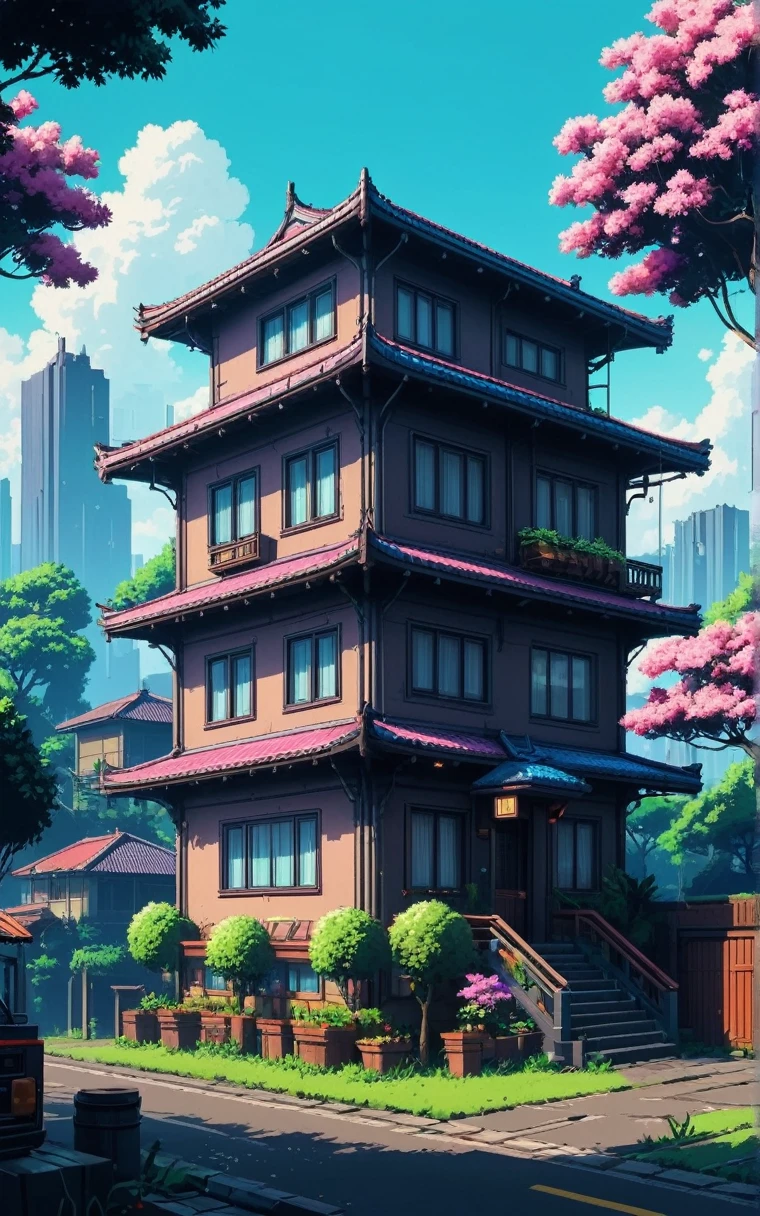 beautiful showy house tecno, pixel art. cyberpunk style, beautiful anime, showy, flores, nostalgic, lush, pixel art, minimalist drawing style