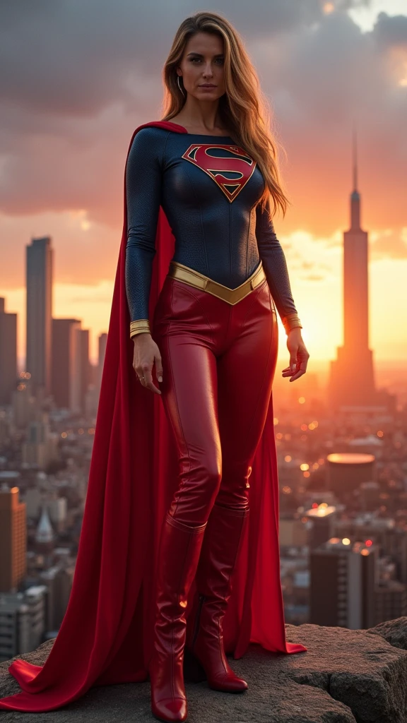 A beautiful woman Gaia Weiss under the mantle of the Kryptonian Kara Zor-El alias Supergirl Superman suit Man of Steel Movie red leather pants worthy of a superheroine red boots with white stripe halfway to the knees