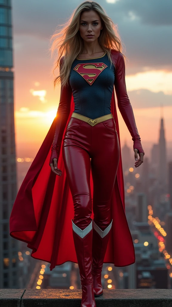A beautiful woman Gaia Weiss under the mantle of the Kryptonian Kara Zor-El alias Supergirl Superman suit Man of Steel Movie red leather pants worthy of a superheroine red boots with white stripe halfway to the knees