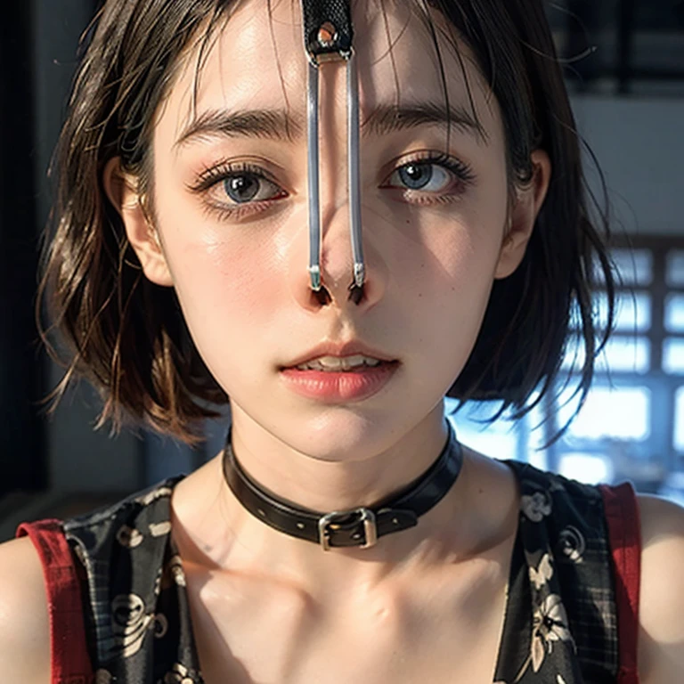(Browsing Caution:-2), (Realistic, photo-Realistic :1.4), (Highest quality, masterpiece:1.2), RAW Photos, High resolution, Intricate details, Very detailed, Realistic and sharp details, Portraiture, (Bust Shot, Front view:1.2 ), alone, Beautiful Japanese Women, Beautiful woman, (Blonde), (Short Bob Hair), Detailed face, Detailed eyes, Beautiful Eyes, Refined nose, Pale skin, Fine skin, (Nose hook, Chain strap), (Gemstone Choker), clavicle, shoulder, T-Shirts, skirt, dress、(Party Venue)、(Being watched by men)、(Public scrutiny)、