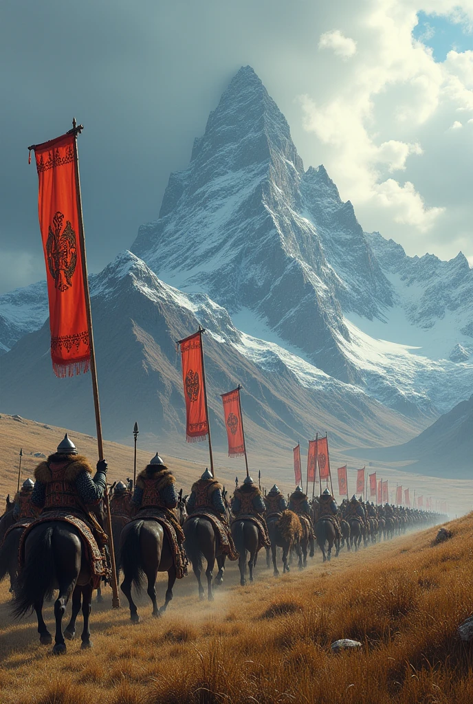 Great Viking Army , with horses , catapults and flags , marching across an immense plain towards a snowy mountain