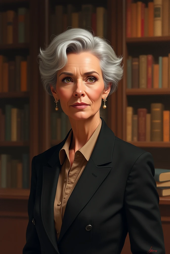 60 year old woman, His hair is very short and gray, Her eyes are almond-shaped, Her skin is white, Her expression is serious and kind, his elegant and executive clothing is in shades of black and brown, digital illustration of book characters