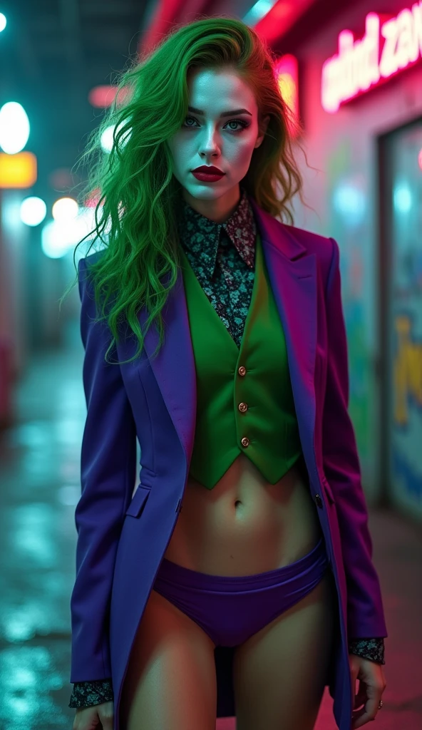 { "prompt": "A faithful female version of the iconic Joker from DC Comics, reimagined with striking beauty and allure while retaining the character's chaotic energy. She has pale white skin, with wild, vibrant green hair styled in messy, voluminous curls. Her makeup is bold, with dark, piercing eyes framed by heavy black eyeliner, and a mischievous, twisted smile painted in deep red lipstick that extends slightly beyond the corners of her mouth. She wears a sharp, tailored purple suit jacket with a green vest and matching tie on top, and a purple bikini bottom below, revealing her toned, irresistible physique. Her posture is confident and slightly unhinged, perfectly blending elegance, madness, and seductive charm, as if she’s always on the edge of chaos.", "size": "1024x1792" }