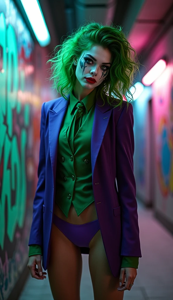 { "prompt": "A faithful female version of the iconic Joker from DC Comics, reimagined with striking beauty and allure while retaining the character's chaotic energy. She has pale white skin, with wild, vibrant green hair styled in messy, voluminous curls. Her makeup is bold, with dark, piercing eyes framed by heavy black eyeliner, and a mischievous, twisted smile painted in deep red lipstick that extends slightly beyond the corners of her mouth. She wears a sharp, tailored purple suit jacket with a green vest and matching tie on top, and a purple bikini bottom below, revealing her toned, irresistible physique. Her posture is confident and slightly unhinged, perfectly blending elegance, madness, and seductive charm, as if she’s always on the edge of chaos.", "size": "1024x1792" }