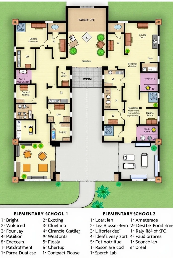 Create a traditional school plan with the items below
I want the school divided into two pavilions.
Pavilion 1: Designated for education and elementary school 1
With 4 classrooms
1 playroom
Play area with playground
Bathrooms
Pavilion 2: Elementary school 2
1 covered court
4 classrooms
1 library
Auditorium
Science lab
Play area with cafeteria
Canteen
Kitchen
Teachers' room with bathroom
Secretariat and administration.
Bathrooms for students