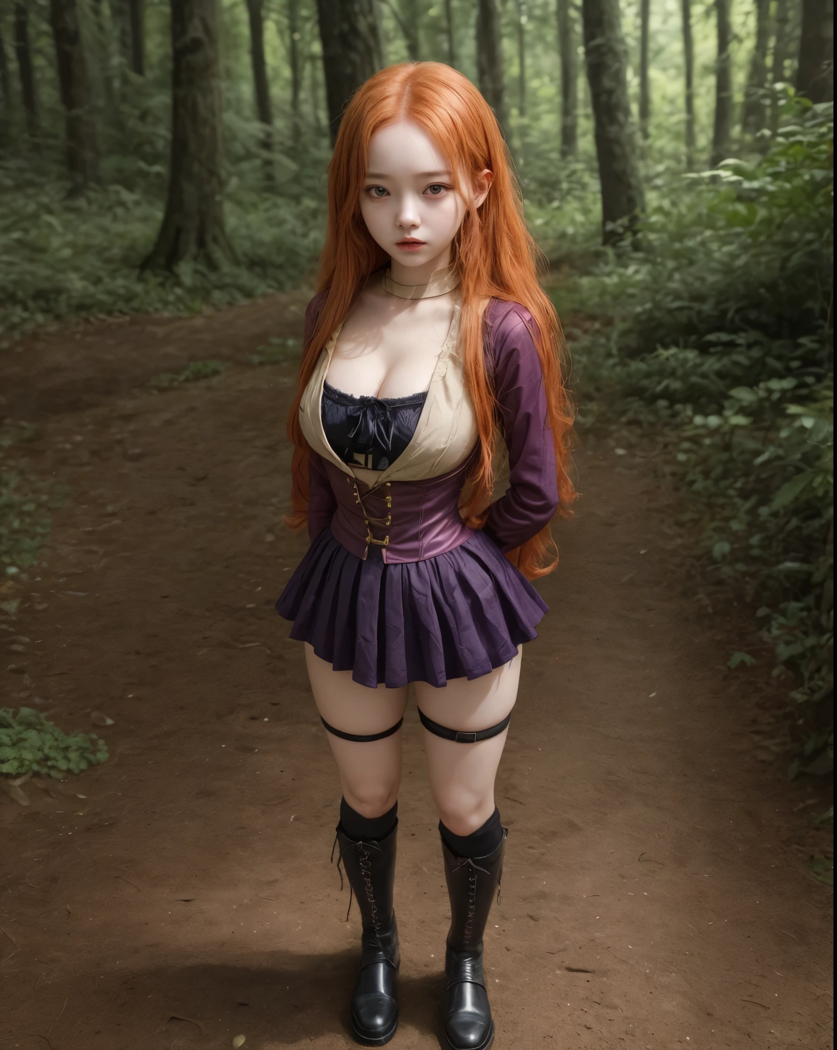 young girl, kim chaewon as a sexy young girl, full body view, fullbody, full body, kim chaewon is a girl, 1girl, forest background, kim chaewon, girl, small breast, figure, long red hair, red eyes, face front, tight purple fantasy pirate top, tight fantasy pirate clothes, emotional face, make up, masterpiece, best quality,