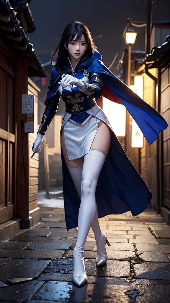 South korea assassin women mystery hooded on with modern royal Blue coat with long and wide sleeves with buttons and royal Blue cape and very high white heel over the knee and white gloves, As she reveals a small secret hidden blade coming from his palm , adding to the character's mysterious and agile appearance, with small movements of air on the cape, jump from roof to roof, in summer at night under the rain,medieval south korea house. sophisticated and highly detailed, ultra hd, realistic, hyper detailed, enhanced colours, ultra sharp focus, with vibrant, rich in details High quality, gorgeous, captivating, 8k, super detailed, stunning shadows, detailed lines, blood stain on coat and gloves, corpses in the street recently murdered