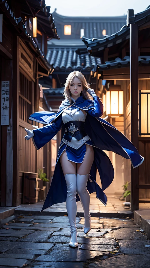 South korea assassin women mystery hooded on with modern royal Blue coat with long and wide sleeves with buttons and royal Blue cape and very high white heel over the knee and white gloves, As she reveals a small secret hidden blade coming from his palm , adding to the character's mysterious and agile appearance, with small movements of air on the cape, jump from roof to roof, in summer at night under the rain,medieval south korea house. sophisticated and highly detailed, ultra hd, realistic, hyper detailed, enhanced colours, ultra sharp focus, with vibrant, rich in details High quality, gorgeous, captivating, 8k, super detailed, stunning shadows, detailed lines, blood stain on coat and gloves, corpses in the street recently murdered