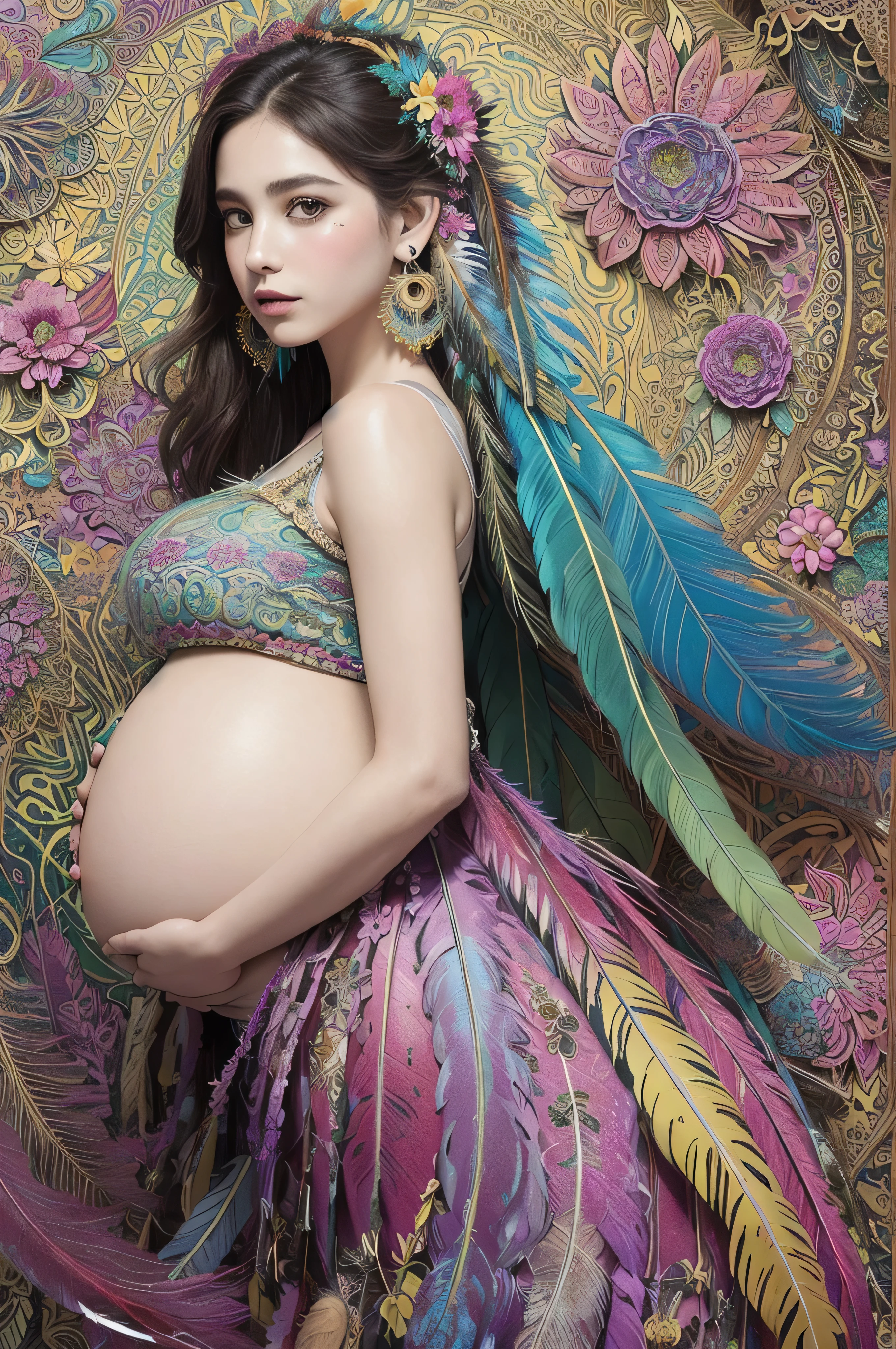 (masterpiece, top quality, best quality, official art, beautiful and aesthetic:1.2), (1 pregnant girl:1.3), extremely detailed,(fractal art:1.1),(colorful:1.1)(flowers:1.3),highest detailed,(zentangle:1.2), full body, (abstract background:1.3), (shiny skin), (many colors:1.4), ,(earrings), (feathers:1.5),