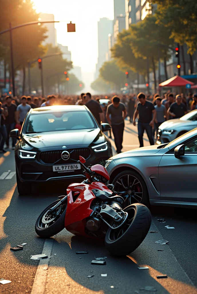 Make me a street and an accident between a motorcycle and two cars with people around and the motorcycle was on the ground