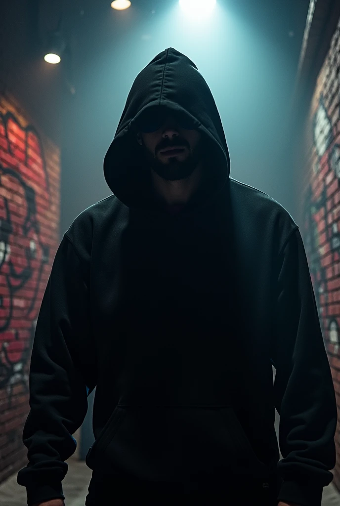 Man with hood over his face in a rhyme battle with a cold personality.