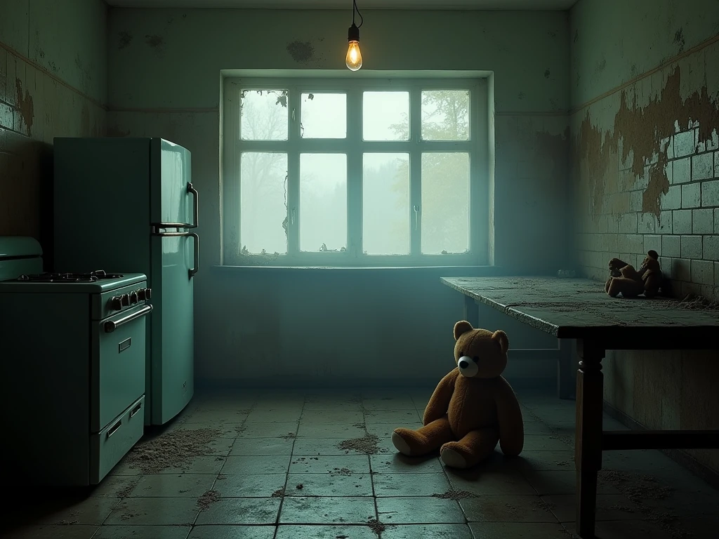 A photo of an abandoned Soviet kitchen. At night, rain and thick fog outside the window. Through the fog you can see tall Soviet panel houses, immersed in darkness. In the center of the photo - an abandoned kitchen. On the floor lie remnants of old linoleum, torn in several places, underneath it you can see the floorboards, covered in a thick layer of dust. In the corner of the kitchen there is one bulky Soviet-era refrigerator with fogged-up glass., on the door - a rusty handle and a detached rubber seal. Next to the refrigerator - a dining group with a huge wooden table, covered in cracks, with stains and a thick layer of dust. On the walls of the kitchen - remnants of Soviet tiles, in some places chipped and revealing black brickwork. Above the stove hangs a single unlit light bulb in a plastic shade, It doesn't burn, its glass is covered in dust. The cupboard doors are broken, behind them you can see a few empty shelves, covered in dust. Window - broken glass. Cold, damp air penetrates through cracks in the glass, but he can't drive away the fog, which filled the entire space of the kitchen. In the center of the room, in half, a red panda with bright red fur sits (a little dusty and disheveled). Next to her, in half, The old teddy bear is lying there (unkempt). He is missing an eye (Sewn with black threads), and the bear fur is disheveled (torn in some places, the cotton padding is visible). The bear is covered with a thick layer of dust, there are dirt stains and rust marks on him. The bear is missing one paw, and the other paw is sewn with rough stitches. The bear looks creepy, as if it came to life from a nightmare.