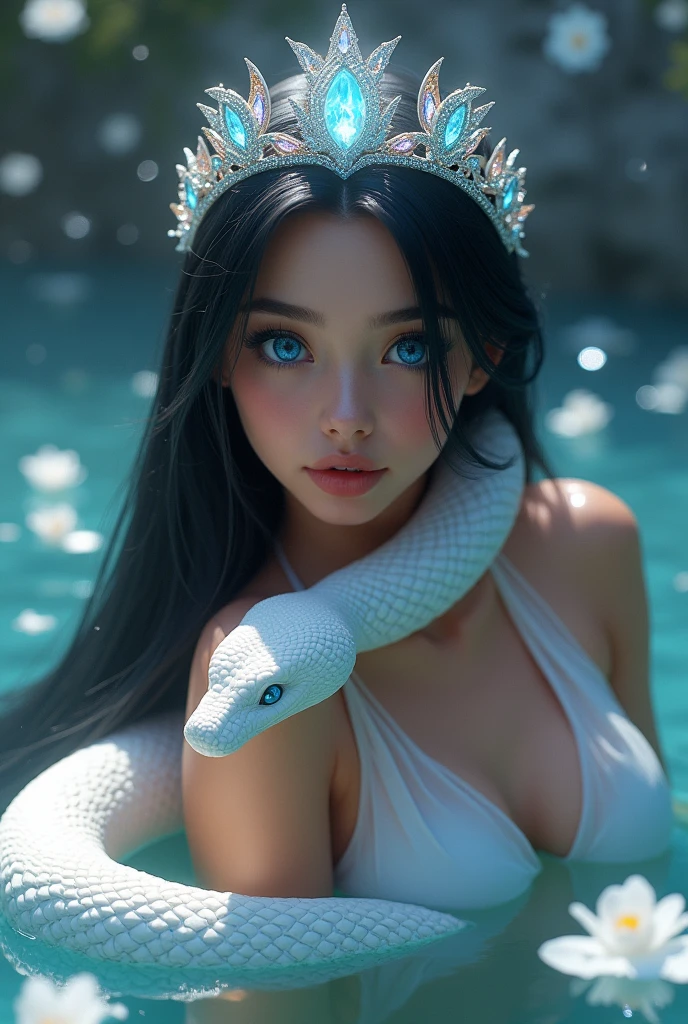 a beautiful woman with long, straight, jet-black hair, intense blue eyes, within a sea where white rose petals rain down, she is with a white cobra, which wraps around her neck, a diamond crown on her head, with mist and white glow, the water reaches her waist. profile picture. animated digital art