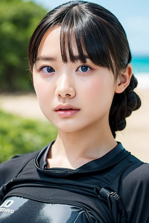 masterpiece, Highest quality, Unreal Engine, Super Resolution, Very detailed, Complex, colorful, Clear images, Sharp focus, Digital Blending,
One beautiful woman, One Japan actress, ashidamana, Perfect Eyes, Perfect Face, Ultra detailed hair, Ultra detailed face, Very detailed lips,Vivid expression, Healthy Body, Detailed sweat glands of beautiful and cute real Asian mix, Smooth skin texture, Carefully drawn,
(humidity:1.2), Beautiful Eyes, (Attractive face:1.2), (Beautiful Skin), (Big Breasts), (Super glossy wetsuit), Puffy nipples, Tight waist, Sticky with sweat, (Oily skin), oily suit, In a dynamic pose,
Studio Photo, Outdoor, At the Beach, cowboy shot,