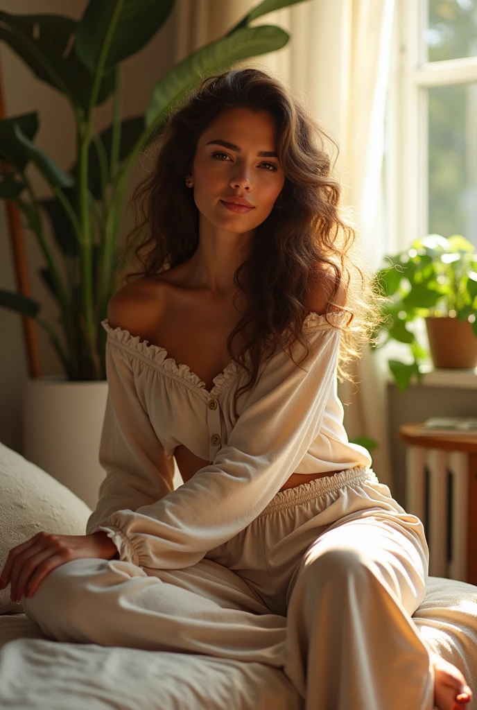 (photorealism:1.2), beautiful woman, sitting on bed, wearing loose off-shoulder top, pajama pants, long curly hair, indoors, soft lighting, plants in background, window with sunlight, cozy room, relaxed pose, realistic, intricate details, warm colors, by Greg Rutkowski, by Alphonse Mucha